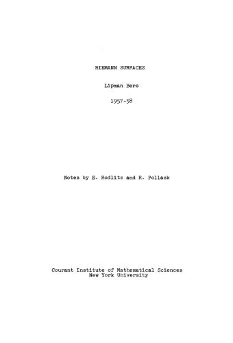 Riemann surfaces: Lectures given at the Institute of Mathematical Sciences, New York University 1957-1958