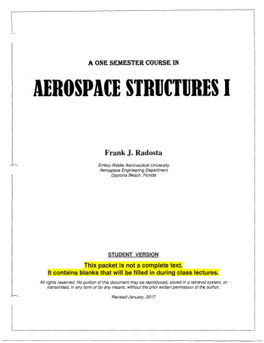 A One Semester Course in Aerospace Structures I