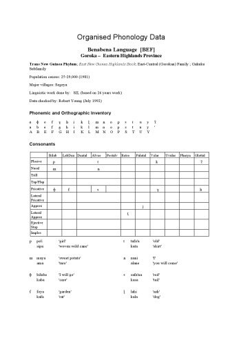 Organised Phonology Data. Benabena Language [BEF]. Goroka – Eastern Highlands Province