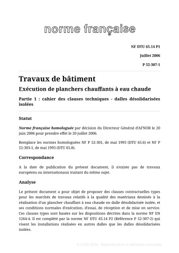 NF DTU 65.14 (P52-307) : Exécution de planchers chauffants à eau chaude