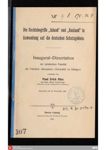 Die Rechtsbegriffe "Inland" und "Ausland" in Anwendung auf die deutschen Schutzgebiete