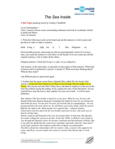 A Hot Topic speaking lesson - The Sea Inside (euthanasia) - Intermediate Level
