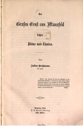 Des Grafen Ernst von Mansfeld letzte Pläne und Taten