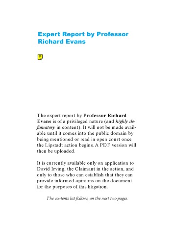 Irving vs. (1) Lipstadt and (2) Penguin Books: Expert Report
