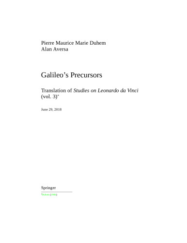 Galileo's Precursors: Translation of «Studies on Leonardo da Vinci» (vol. 3)
