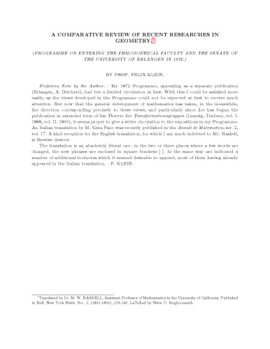 A Comparative Review of Recent Researches in Geometry (Programme on Entering The Philosophical Faculty and The Senate of The University of Erlangen in 1872.)