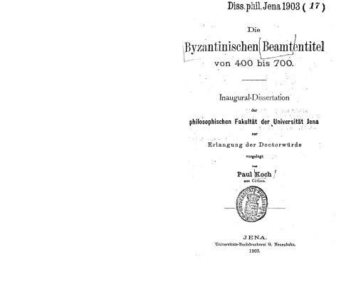 Die byzantinischen Beamtentitel von 400 bis 700