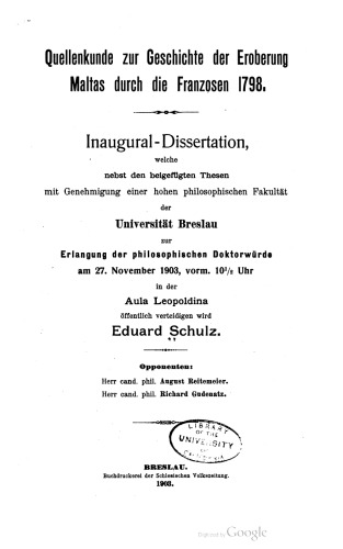 Quellenkunde zur Geschichte der Eroberung Maltas durch die Franzosen 1798