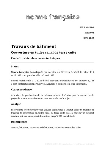 NF DTU 40.22 (P31-201) : Couverture en tuiles canal de terre cuite