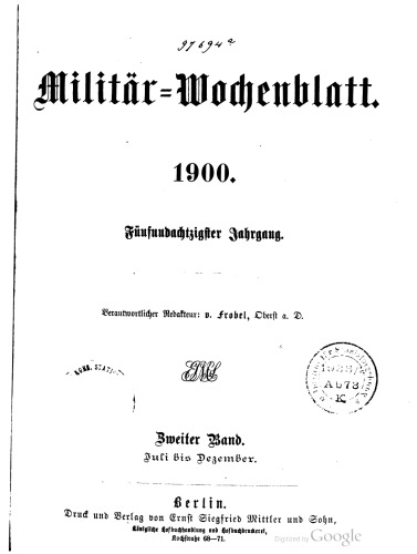 Militär-Wochenblatt. Beigebunden: Militär-Literatur-Zeitung 1900/1901