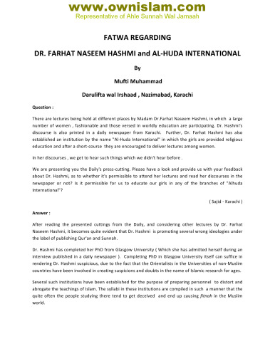 Fatwa Regarding Dr. Farhat Naseem Hashmi and Al-Huda International