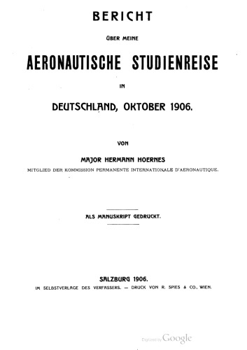 Bericht über meine aeronautische Studienreise in Deutschland, Oktober 1906