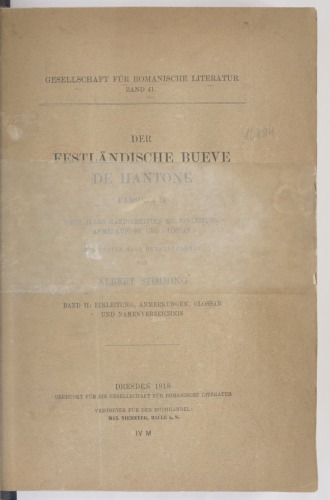 Der festländische Bueve de Hantone, Fassung II, nach allen Handschriften mit Einleitung, Anmerkungen und Glossar
