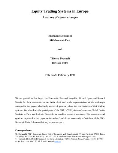 Equity Trading Systems In Europe - A Survey Of Recent Changes