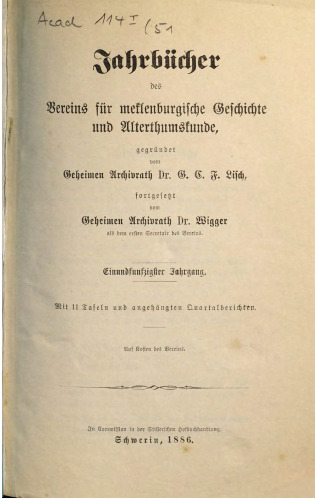 Jahrbücher des Vereins für mecklenburgische Geschichte und Altertumskunde