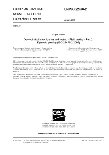 Geotechnical investigation and testing - Field testing - Part 2: Dynamic probing (ISO 22476-2:2005)