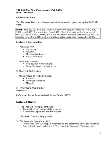The Film Experience: Lecture Outlines