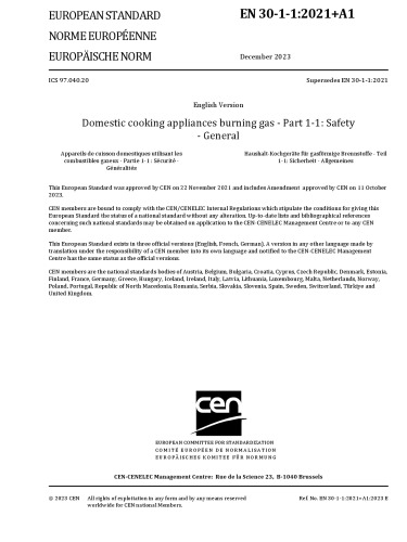 EN 30-1-1:2021+A1 - Domestic cooking appliances burning gas - Safety - General
