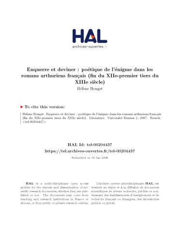 Enquerre et deviner : poétique de l’énigme dans les romans arthuriens français (fin du XIIe-premier tiers du XIIIe siècle
