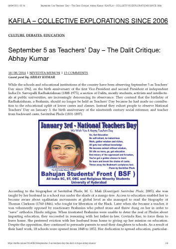 SEPTEMBER 5 AS TEACHERS’ DAY – THE DALIT CRITIQUE