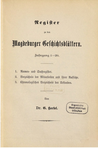Register zu den Magdeburger Geschichtsbllättern. Jahrgang 1 - 20