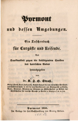 Pyrmont und dessen Umgebungen. Ein Taschenbuch für Curgäste [Kurgäste] und Reisende