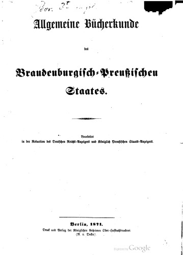 Allgemeine Bücherkunde des brandenburgisch-preußischen Staates
