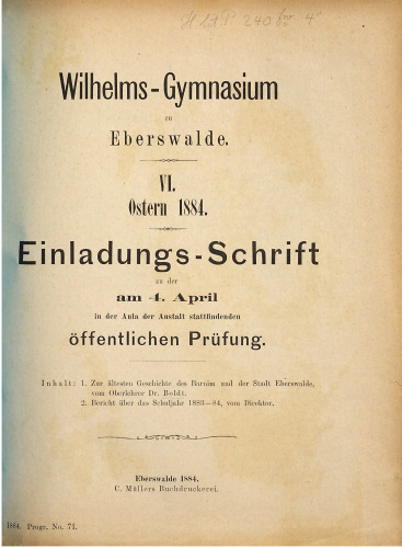 Zur ältesten Geschichte des Barnim und der Stadt Eberswalde