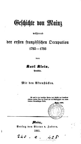 Geschichte von Mainz während der ersten französischen Occupation 1792-1793