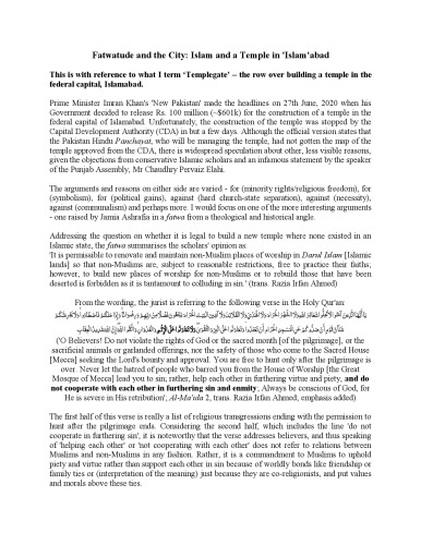 Fatwatude and the City: Islam and a Temple in 'Islam'abad
