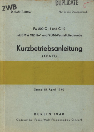 Fw 200 C-1 C-2 Kurzbetriebsanleitung. Teil 2 - Flugbetrieb