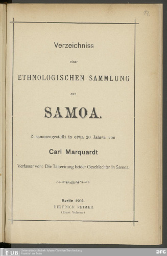 Verzeichniss einer ETHNOLOGISCHEN SAMMLUNG aus Samoa. Zusammengestellt in etwa 20 Jahren