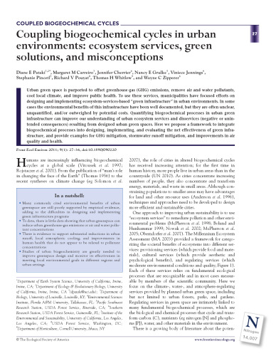 Coupling biogeochemical cycles in urban environments: ecosystem services, green solutions, and misconceptions