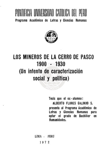 Los mineros de la Cerro de Pasco 1900-1930 (Un intento de caracterización social y política)