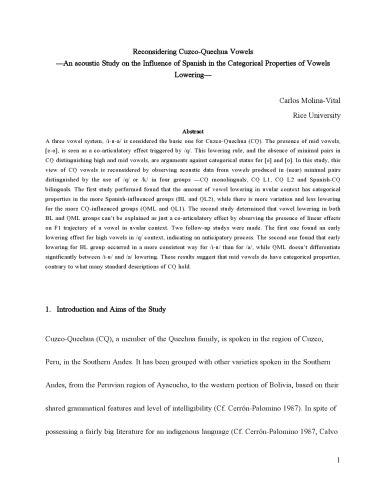 Reconsidering Cuzco-Quechua Vowels —An acoustic Study on the Influence of Spanish in the Categorical Properties of Vowels Lowering—