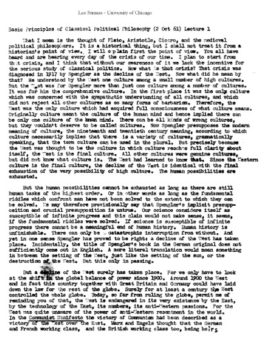 Seminar on the "Principles of Classical Political Philosophy" [1961, University of Chicago]