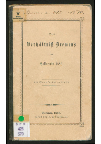 Das Verhältniss [Verhältnis] Bremens zum Zollverein 1853