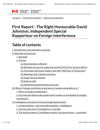 First Report - The Right Honourable David Johnston, Independent Special Rapporteur on Foreign Interference