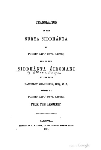 Translation of the Surya Siddhanta and of Siddhanta Siromani(of Bhaskara) from Sanskrit