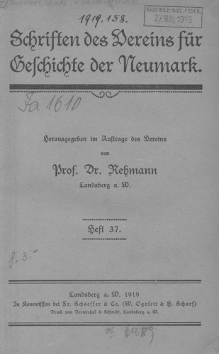 Schriften des Vereins für Geschichte der Neumark