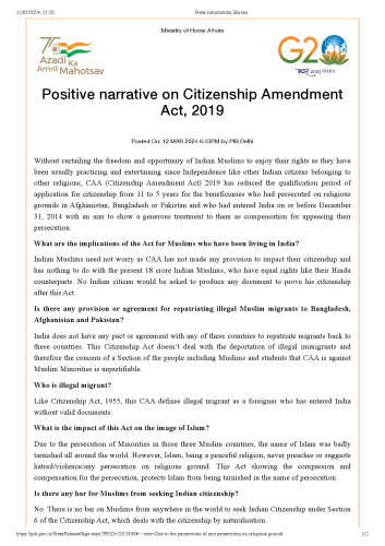 Positive Narrative on Citizenship Amendment Act, 2019
