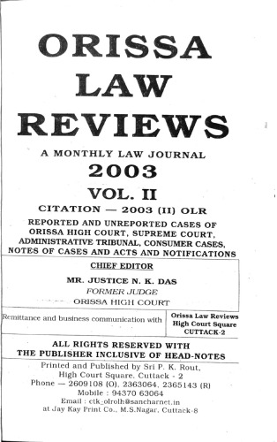 Orissa Law Reviews 2003 Vol-2, Odisha Law Reviews, OLR