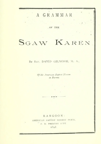A grammar of the Sgaw Karen