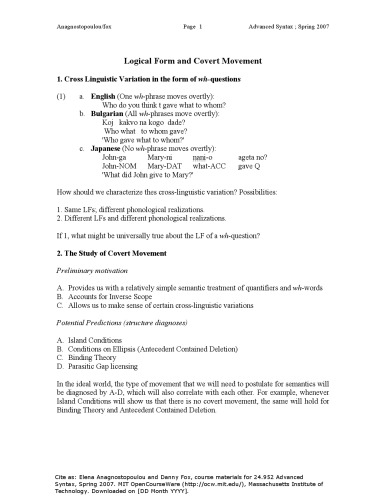 Advanced Syntax: Lecture Notes