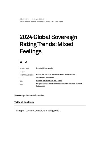S&P Global Ratings : 2024 Global Sovereign Rating Trends Mixed Feelings