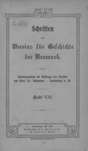 Schriften des Vereins für Geschichte der Neumark