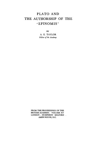 Plato and the Authorship of the "Epinomis"