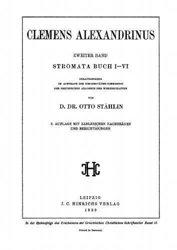 Clemens Alexandrinus Band 2 Stromata Buch I–VI