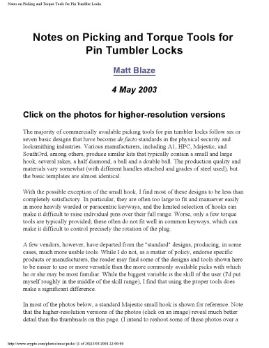 Notes on Picking and Torque Tools for Pin Tumbler Locks