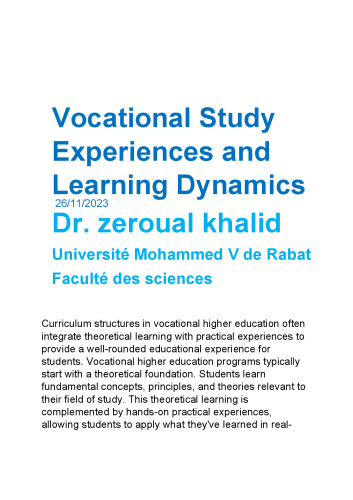Vocational Study Experiences and Learning Dynamics